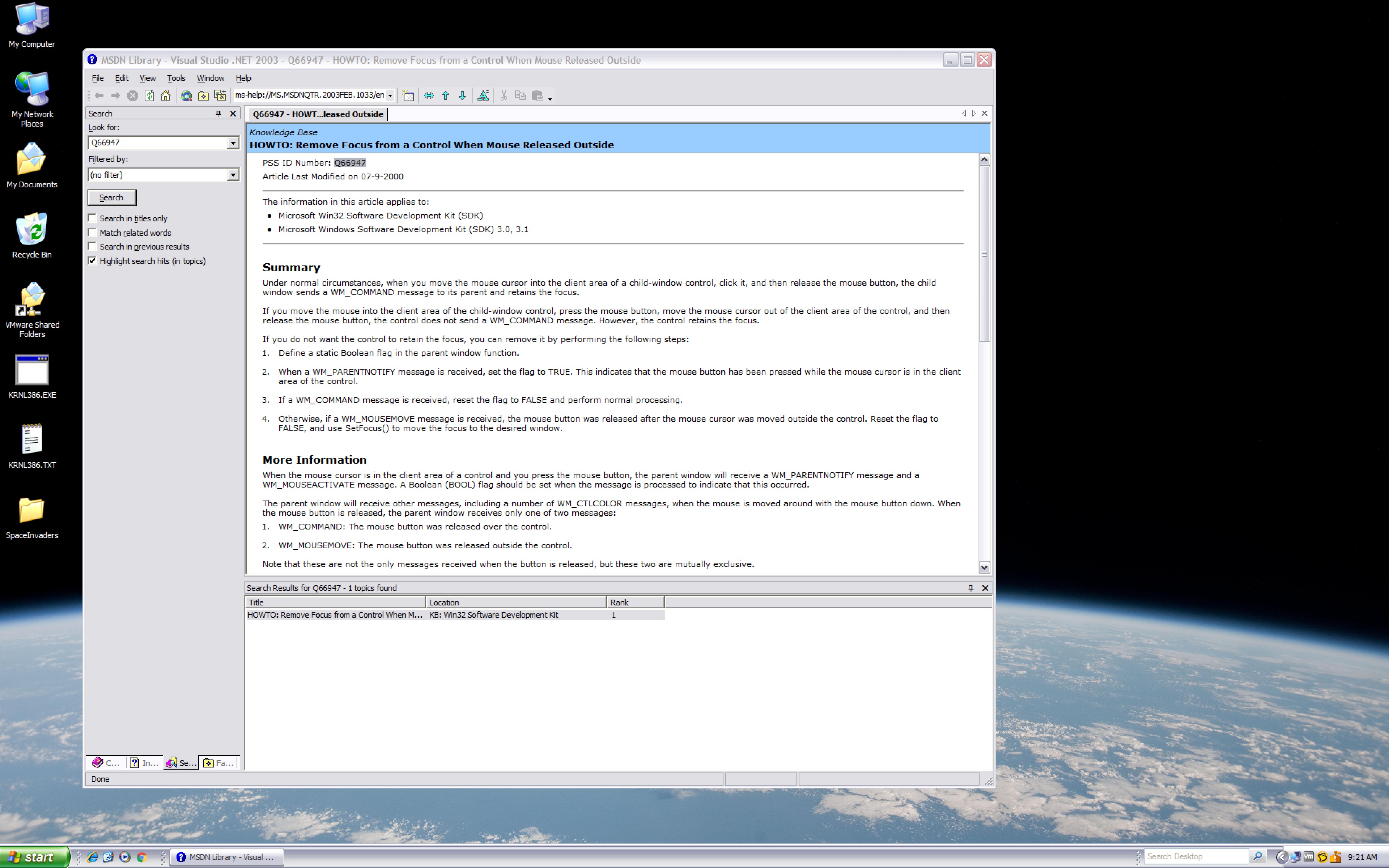 Screenshot of Microsoft Visual Studio 2003 MSDN Library